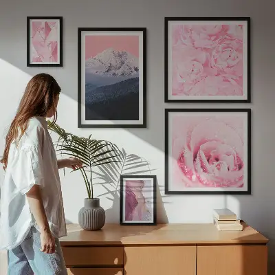 Conjunto de cuadros decorativos diseño de paisajes rosas con flores modernas