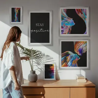 Set de 5 cuadros para salón con diseños de abstracciones positivas y coloridas