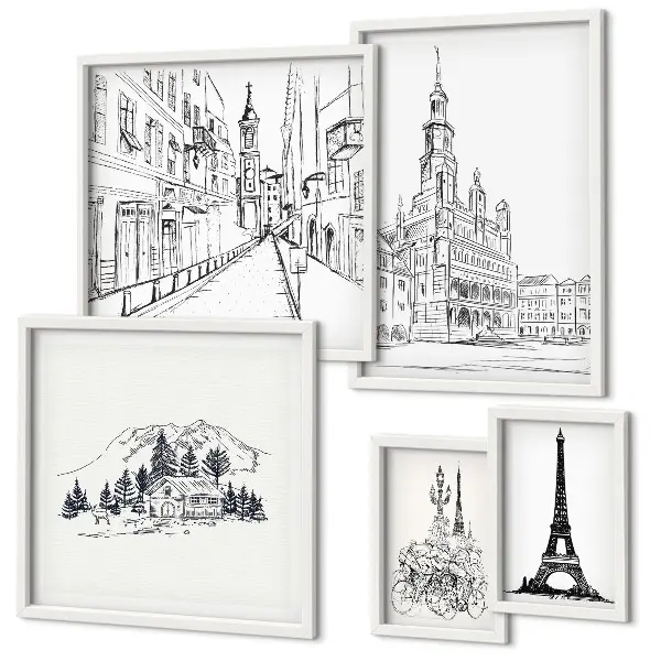 Set de 5 cuadros para salón con ilustraciones arquitectónicas