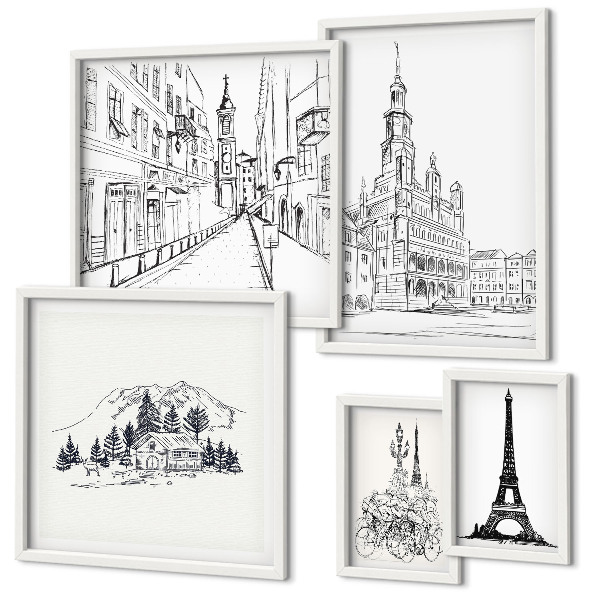 Set de 5 cuadros para salón Ilustraciones arquitectónicas con estilo