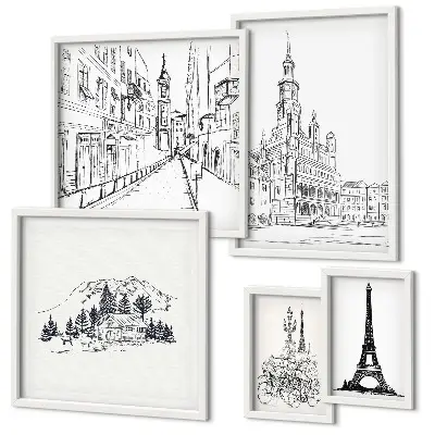 Set de 5 cuadros para salón con ilustraciones arquitectónicas