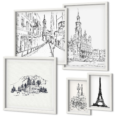 Set de 5 cuadros para salón Ilustraciones arquitectónicas con estilo
