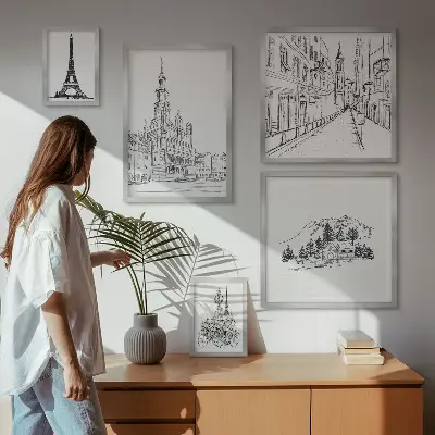 Set de 5 cuadros para salón con ilustraciones arquitectónicas