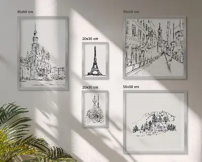 Set de 5 cuadros para salón con ilustraciones arquitectónicas