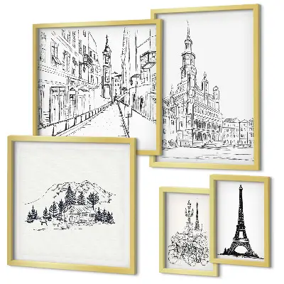 Set de 5 cuadros para salón con ilustraciones arquitectónicas