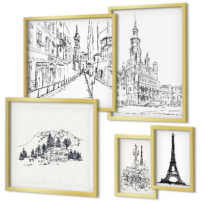 Set de 5 cuadros para salón Ilustraciones arquitectónicas con estilo