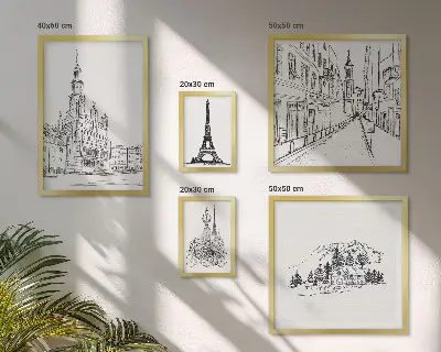 Set de 5 cuadros para salón con ilustraciones arquitectónicas