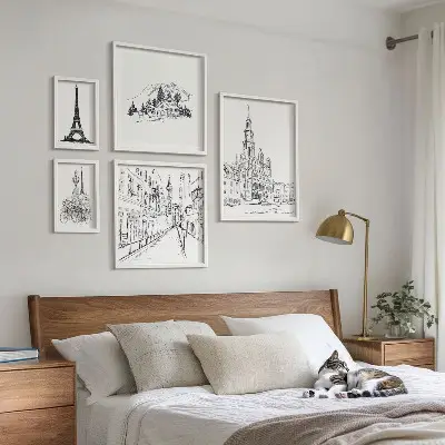 Set de 5 cuadros para salón con ilustraciones arquitectónicas