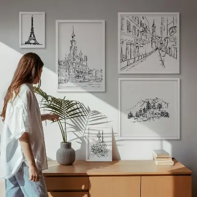 Set de 5 cuadros para salón con ilustraciones arquitectónicas
