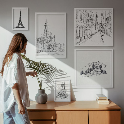 Set de 5 cuadros para salón Ilustraciones arquitectónicas con estilo