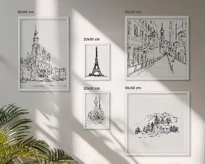 Set de 5 cuadros para salón con ilustraciones arquitectónicas