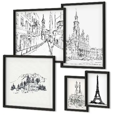 Set de 5 cuadros para salón con ilustraciones arquitectónicas
