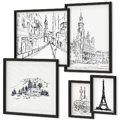 Set de 5 cuadros para salón Ilustraciones arquitectónicas con estilo