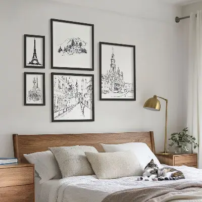 Set de 5 cuadros para salón con ilustraciones arquitectónicas