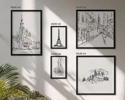 Set de 5 cuadros para salón con ilustraciones arquitectónicas