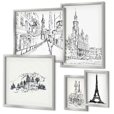 Set de 5 cuadros para salón con ilustraciones arquitectónicas
