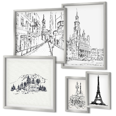 Set de 5 cuadros para salón Ilustraciones arquitectónicas con estilo