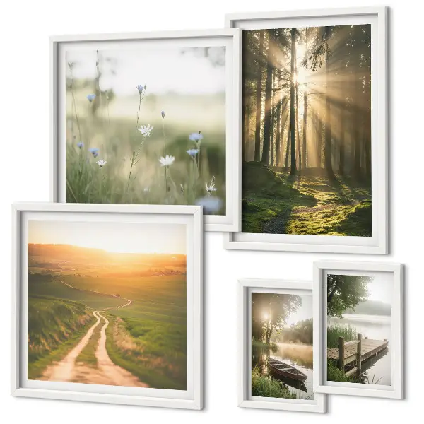 Set de 5 cuadros para salón con paisajes de bosques sol y agua