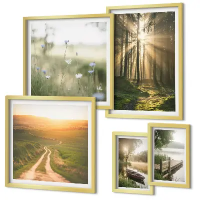 Set de 5 cuadros para salón con paisajes de bosques sol y agua