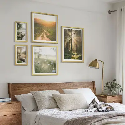 Set de 5 cuadros para salón con paisajes de bosques sol y agua