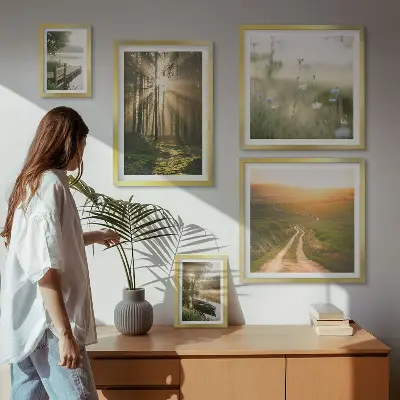 Set de 5 cuadros para salón con paisajes de bosques sol y agua