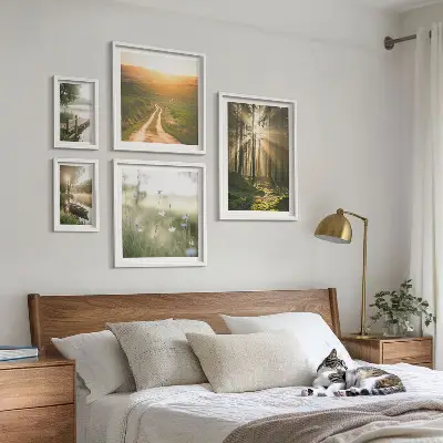Set de 5 cuadros para salón con paisajes de bosques sol y agua