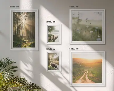 Set de 5 cuadros para salón con paisajes de bosques sol y agua