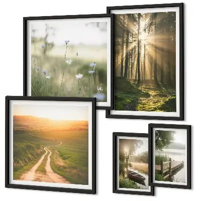 Set de 5 cuadros para salón con paisajes de bosques sol y agua