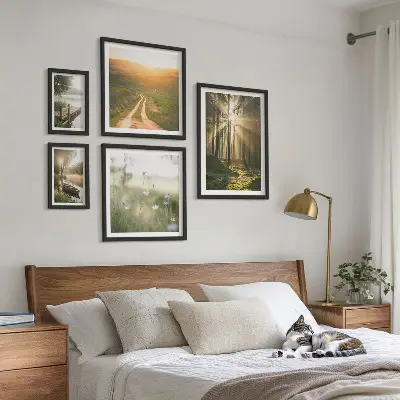 Set de 5 cuadros para salón con paisajes de bosques sol y agua