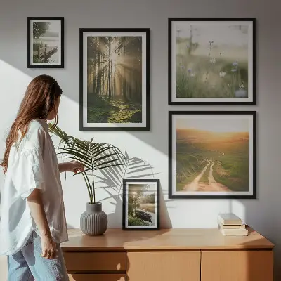Set de 5 cuadros para salón con paisajes de bosques sol y agua