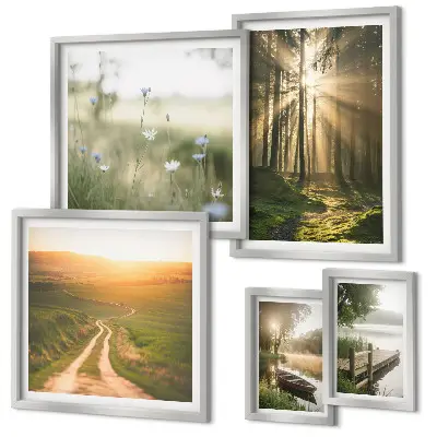 Set de 5 cuadros para salón con paisajes de bosques sol y agua