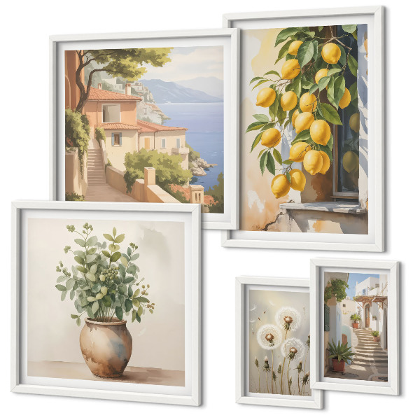 Set de 5 cuadros para salón Toques cítricos al estilo mediterráneo