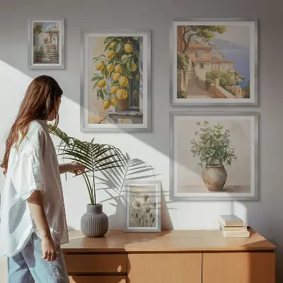 Set de 5 cuadros para salón con diseño de toques cítricos al estilo mediterráneo