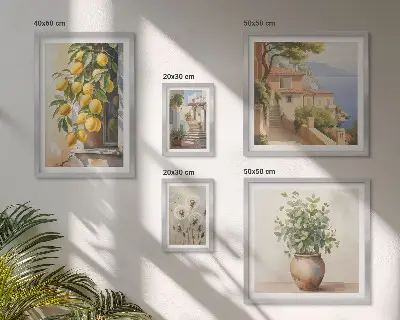 Set de 5 cuadros para salón con diseño de toques cítricos al estilo mediterráneo