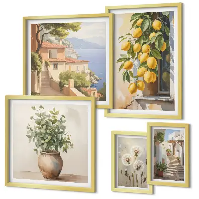 Set de 5 cuadros para salón con diseño de toques cítricos al estilo mediterráneo