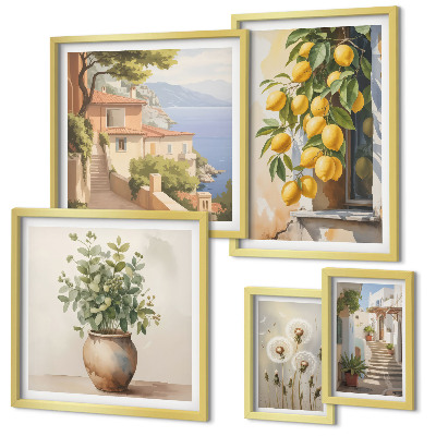Set de 5 cuadros para salón Toques cítricos al estilo mediterráneo