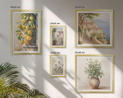Set de 5 cuadros para salón con diseño de toques cítricos al estilo mediterráneo