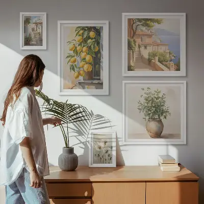 Set de 5 cuadros para salón con diseño de toques cítricos al estilo mediterráneo