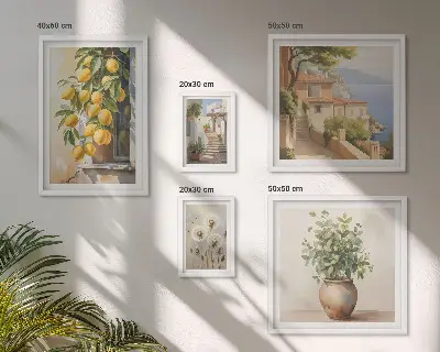 Set de 5 cuadros para salón con diseño de toques cítricos al estilo mediterráneo