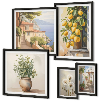 Set de 5 cuadros para salón Toques cítricos al estilo mediterráneo