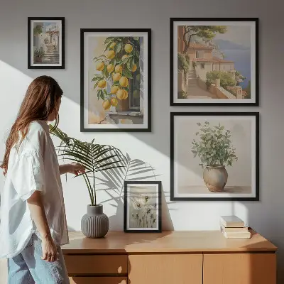 Set de 5 cuadros para salón con diseño de toques cítricos al estilo mediterráneo