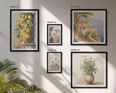 Set de 5 cuadros para salón con diseño de toques cítricos al estilo mediterráneo