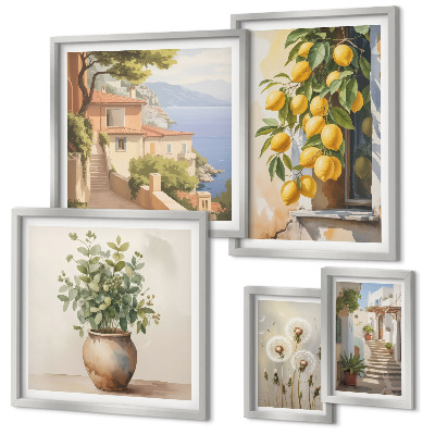 Set de 5 cuadros para salón Toques cítricos al estilo mediterráneo