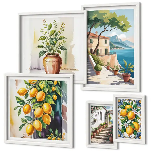 Conjunto de cuadros decorativos con paisajes de árboles cítricos y vegetación