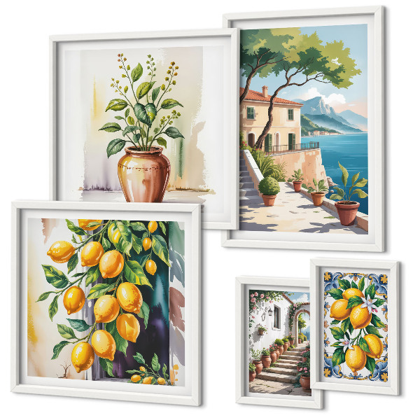 Conjunto de cuadros decorativos Paisajes con árboles cítricos y vegetación.