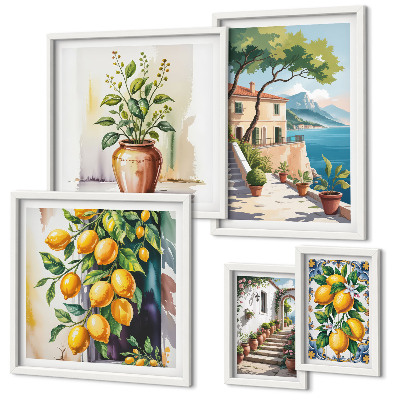 Conjunto de cuadros decorativos Paisajes con árboles cítricos y vegetación.
