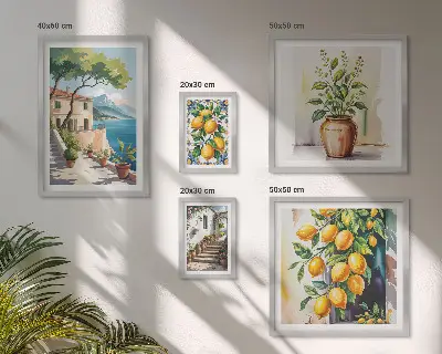 Conjunto de cuadros decorativos con paisajes de árboles cítricos y vegetación