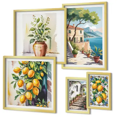 Conjunto de cuadros decorativos con paisajes de árboles cítricos y vegetación