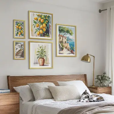 Conjunto de cuadros decorativos con paisajes de árboles cítricos y vegetación