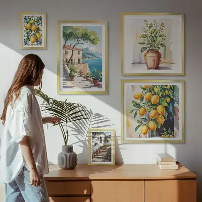 Conjunto de cuadros decorativos con paisajes de árboles cítricos y vegetación